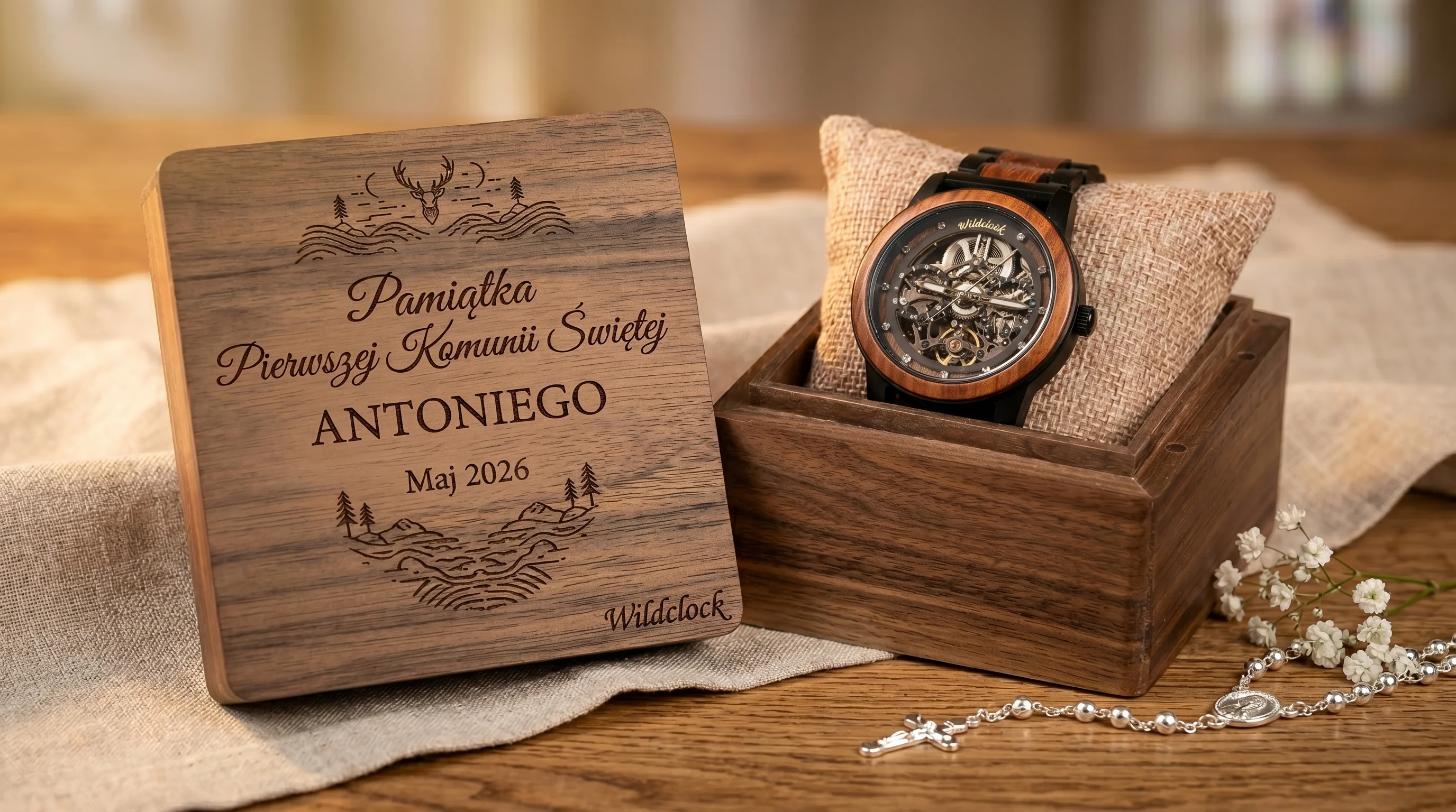 WildClock szkatułka z grawerem Pamiątka Pierwszej Komunii Świętej Antoniego