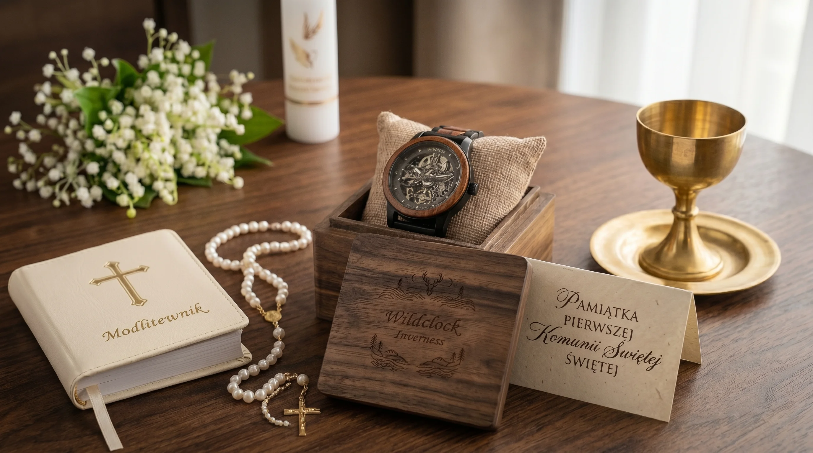 WildClock Inverness zegarek skeleton w pudełku z modlitewnikiem, różańcem i kielichem komunijnym