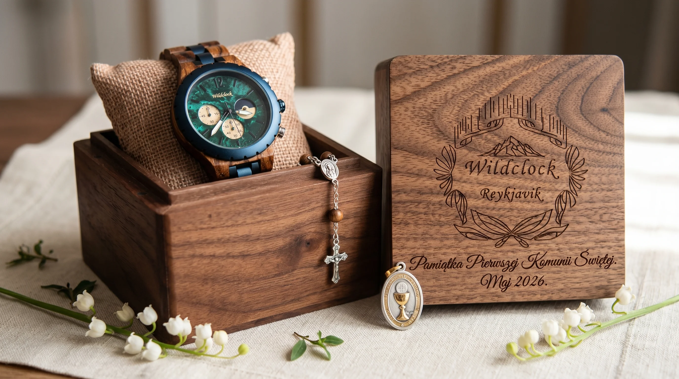 Pokrywka szkatułki WildClock z grawerem Pamiątka Pierwszej Komunii Świętej Maj 2026