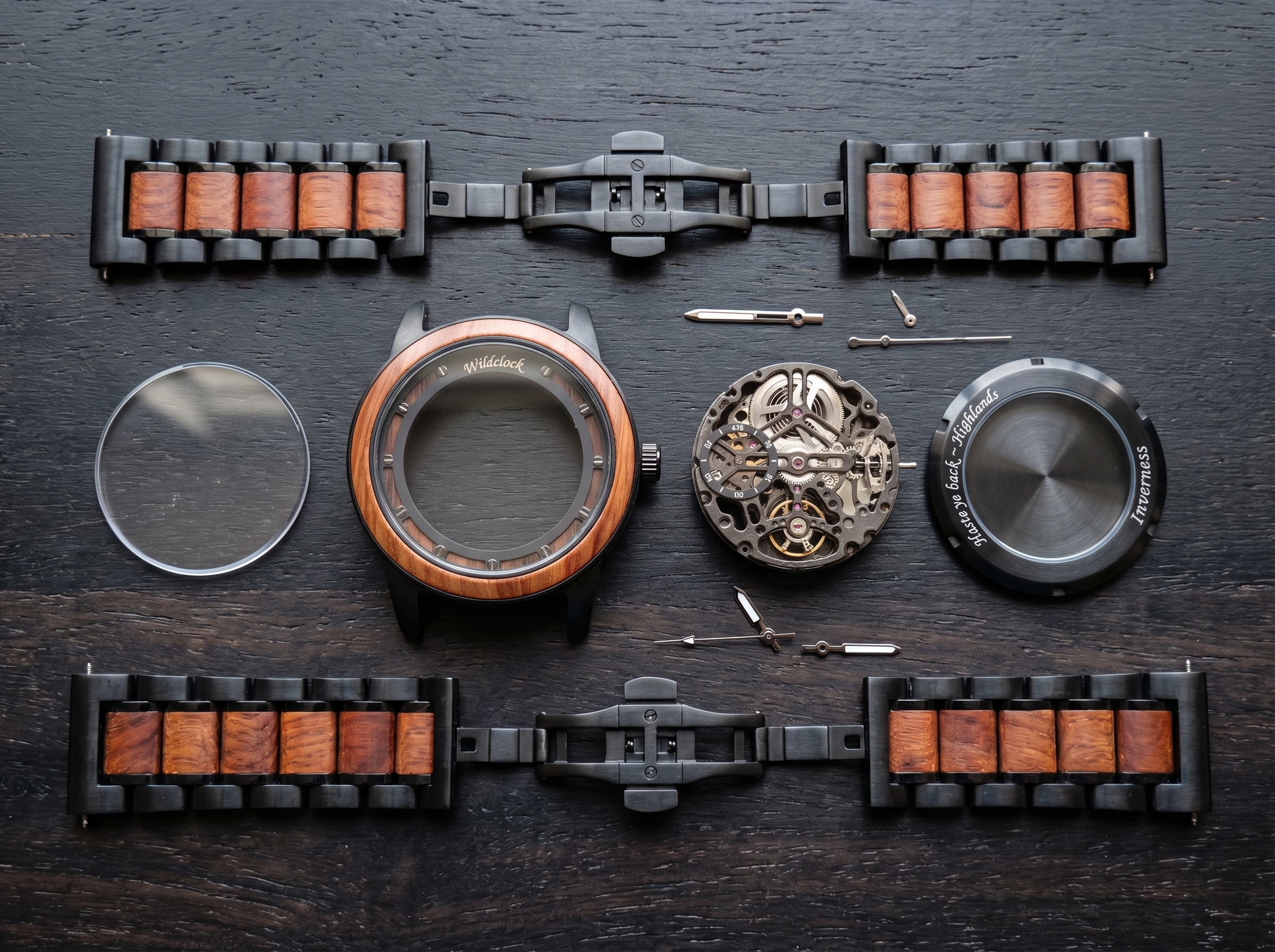 WildClock Inverness — rozłożony zegarek drewniany, koperta hebanowa, mechanizm skeleton, wskazówki i bransoleta